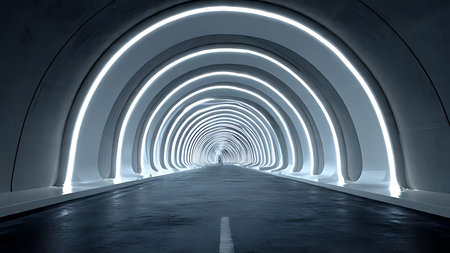 Futuristic tunnel infinite under cloudy diffused light. Wide angle shot of concrete and light texture with vanishing point.の素材