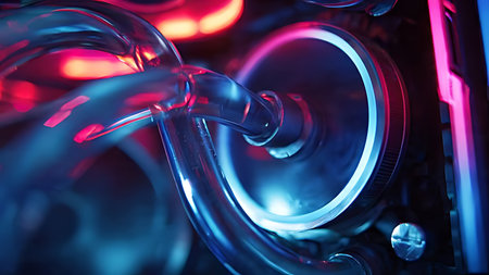 Gaming PC water cooling with UV neon light. Close-up detail of acrylic tube texture and bubble flow.の素材