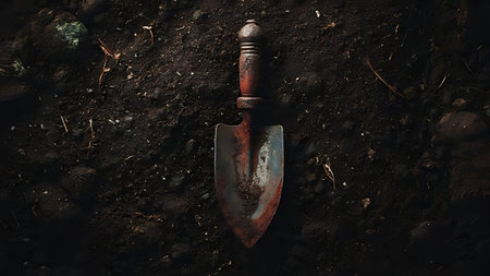 Garden tools including trowel and gloves under window light. Top down view of soil dirt texture and worn metal.の素材