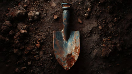 Garden tools including trowel and gloves under window light. Top down view of soil dirt texture and worn metal.の素材