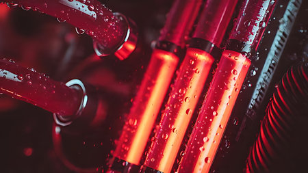 Gaming PC water cooling with UV neon light. Close-up detail of acrylic tube texture and bubble flow.の素材