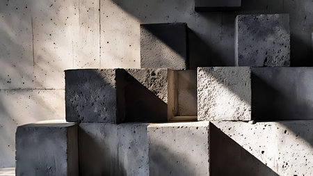 Geometric concrete blocks arranged abstractly under hard studio light. Dutch angle shot of brutalist cement texture and porous surface.の素材