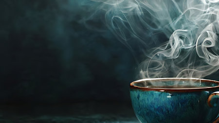 Steam rising from hot tea cup in dark room with volumetric light. Low angle view of ceramic glaze texture and fluid steam swirls.の素材