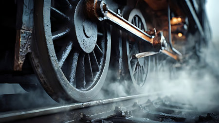 Steam engine train wheel moving with volumetric light through steam. Dutch angle shot of greasy metal and motion blur.の素材