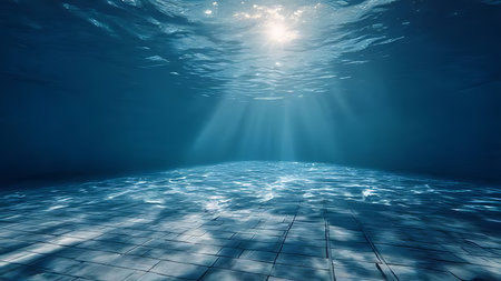 Sunlight underwater pool with volumetric light. Low angle view of tile grout texture and summer vibe.の素材