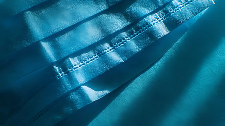 Surgical mask fabric with neon blue light. Close-up detail of nonwoven fiber and medical protection.の素材