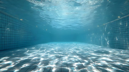 Sunlight underwater pool with volumetric light. Low angle view of tile grout texture and summer vibe.の素材