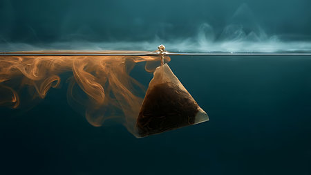 Tea bag steeping in water with volumetric underwater view. Extreme macro of diffusion swirls and fiber bag texture.の素材