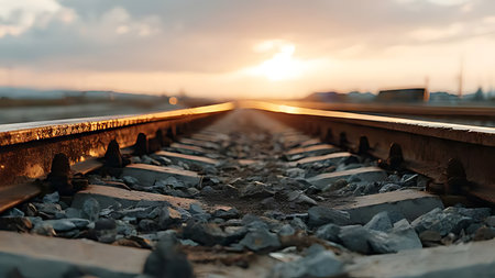 Train tracks leading away in volumetric sunset light. Low angle view of rusty metal texture and transportation.の素材