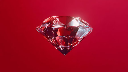 Vibrant red background with a floating glass diamond. Close-up of Detail with gem refraction.の素材