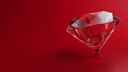 Vibrant red background with a floating glass diamond. Close-up of Detail with gem refraction.の素材