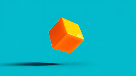 Dark void with a floating digital cube rotating. Close-up of Detail with 3D tech.の素材