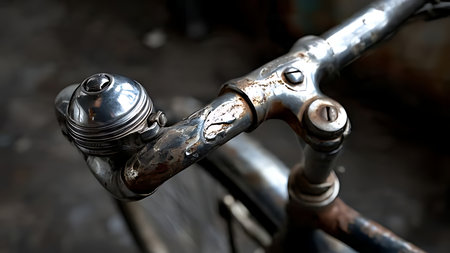 Vintage bicycle handlebars and bell in window lit garage. Dutch angle showing rust spots and chrome pitting.の素材