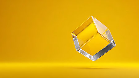 Dark void with a floating digital cube rotating. Close-up of Detail with 3D tech.の素材