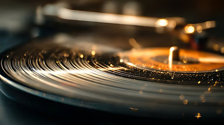 Vinyl record groove microscope view in golden hour light. Extreme macro of PVC debris texture and analog audio.の素材