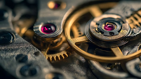Watch mechanism ruby bearing in golden hour light. Extreme macro of brass gear texture and horology detail.の素材