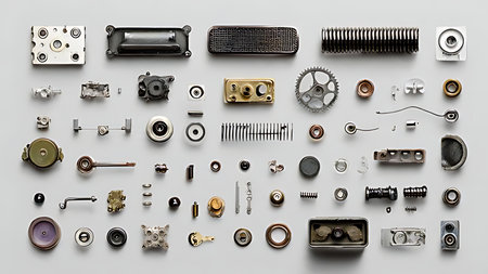 Watch parts exploded view under window light. Top down knolling view of tiny gear texture and mechanical art.の素材