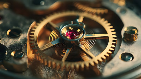 Watch mechanism ruby bearing in golden hour light. Extreme macro of brass gear texture and horology detail.の素材