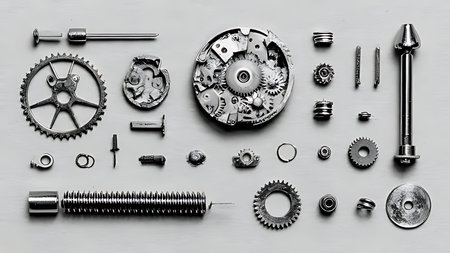 Watch parts exploded view under window light. Top down knolling view of tiny gear texture and mechanical art.の素材