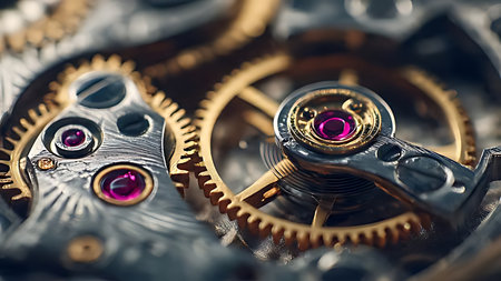 Watch mechanism ruby bearing in golden hour light. Extreme macro of brass gear texture and horology detail.の素材