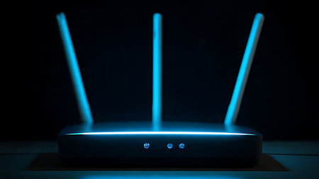 Wifi router antenna LED blue with neon light. Close-up detail of plastic mold texture and wireless technology.の素材
