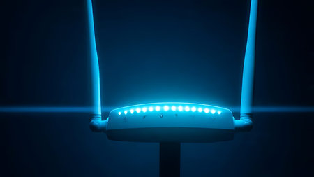 Wifi router antenna LED blue with neon light. Close-up detail of plastic mold texture and wireless technology.の素材
