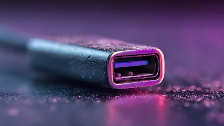 USB-C connector port with neon light. Close-up detail of metal housing and data transfer.の素材