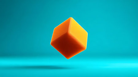 Orange and yellow cube on turquoise background. 3d renderingの素材