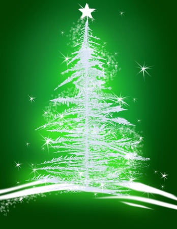 Christmas Tree Magic with a star, frost and snow on a glowing green backgroundのイラスト素材