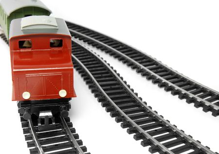Toy Diesel Locomotive and caboose on white backgroundの写真素材
