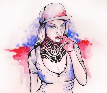watercolor girl in cap and tattoo with blood on her lipsのイラスト素材