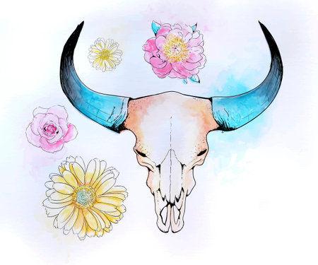 Vector illustration of the skull of a bull with flowers and splashes of watercolorのイラスト素材