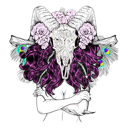 Beautiful woman with long hair and horns, rose, skullのイラスト素材