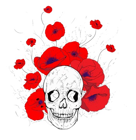 vector of the skull and poppies in redのイラスト素材