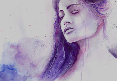 Watercolor beautiful girl in a state of depression cryingの写真素材
