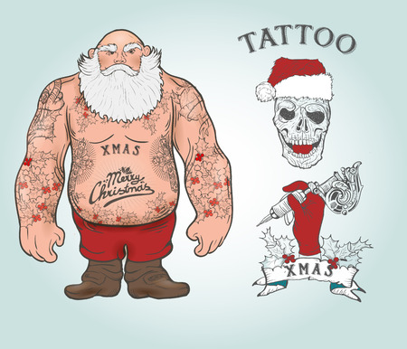 Funny cartoon illustration of mighty Santa Claus chest with Christmas tattoos with greeting. Tattoo salonのイラスト素材
