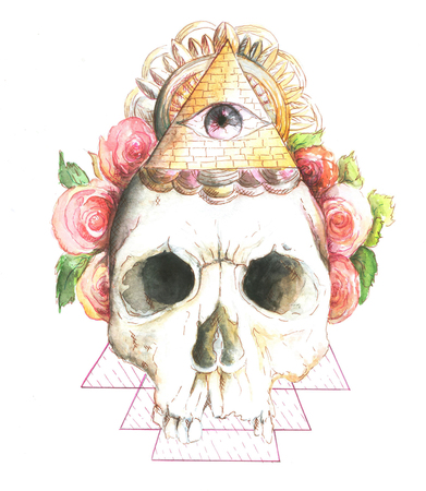 Watercolor skull with roses, Egyptian amulet, a sketch for a tattoo, shirt designの写真素材