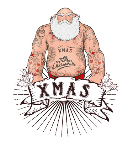 Funny cartoon illustration of mighty Santa Claus chest with Christmas tattoos with greeting. Tattoo salonのイラスト素材