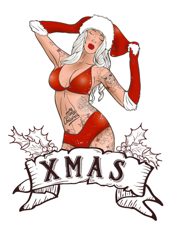 sexy topless girl in santa hat tattoo. Tattoo salonのイラスト素材