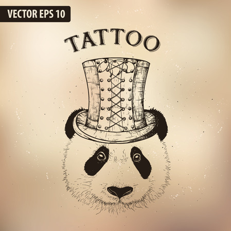 Simple panda head image. Industrial steampunk style black and white illustrationのイラスト素材