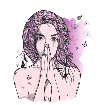 Vector art drawing, portrait of sad and depressed girl, thinking about something. Facial expressions, people emotions, romantic and tender young woman.のイラスト素材