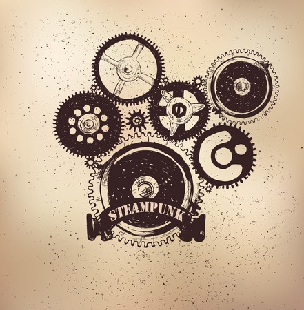 Rectangular banner decorated with steampunk mechanical gears on textural background with the gears.のイラスト素材