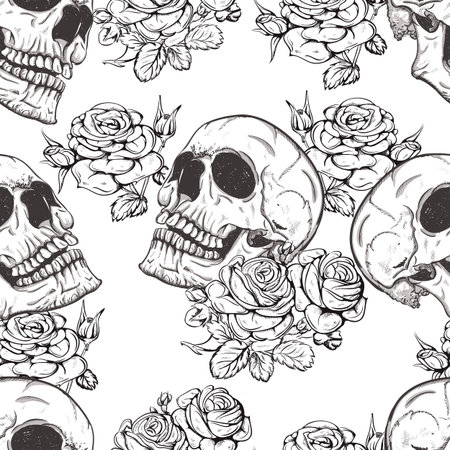 vector seamless with roses and skulls skullのイラスト素材