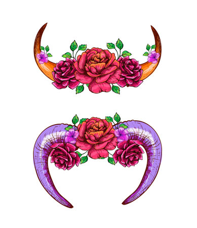 A cow horns and sheep decorated with flowers.のイラスト素材