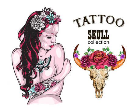 Flower Tattoo Design Shop Tattooed Lady, Skull of a cow with horns, decorated with flowersのイラスト素材