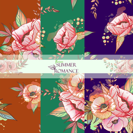 Floral seamless set pattern. Flower poppy background. Flourish tiled ornamental texture with flowers. Summer gardenのイラスト素材
