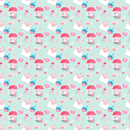 Beautiful watercolor bottle, a pattern with birdsの写真素材