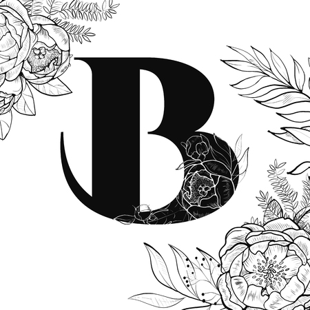 Laser cut template. Initial monogram letters. Filigree cutout pattern. Vector illustration. Fancy floral alphabet letter. May be used for paper cutting. Floral wooden alphabet font letter.のイラスト素材