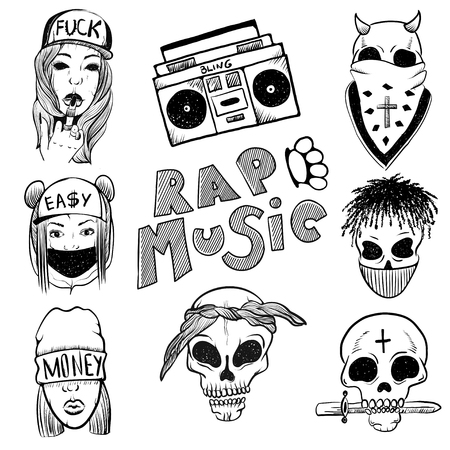 Urban Street hip hop music girl, boy, skull rapper. Skull with modern street style attributes. Pretty Young Urban Rap Girls. Lady Vector artwork. Doodle art isolated on white background. Face emotion illustration.のイラスト素材