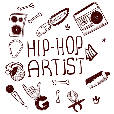 Black isolated hip hop icon set attributes and accessories to create a hip hop style vector illustration. Doodle art isolated on white background. Vector illustrationのイラスト素材